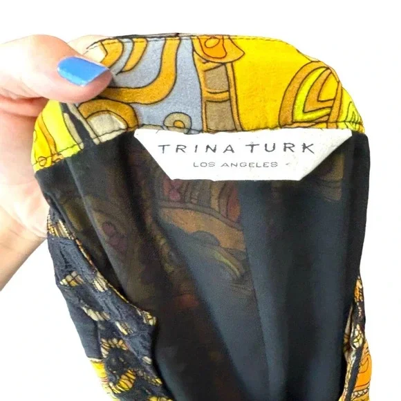 Trina Turk Mod Style Silk Abstract Bell Sleeve 60s Dress Size 2 - Picture 6 of 7